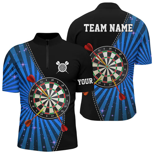 Schwarz Blau Halo Herren Darts Quarter Zip Shirt, Individuelles Cooles Herren Dart Shirt, Dart Trikots LDT1462