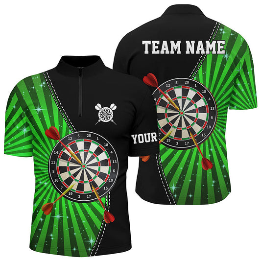Schwarz Grün Halo Herren Darts Quarter Zip Shirt, Individuelles Cooles Herren Dart Shirt, Dart Trikots LDT1463