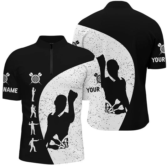 Männer Schwarz Weiß Grunge Darts Quarter Zip Shirt – Personalisiertes Dart Trikot für Männer LDT0339