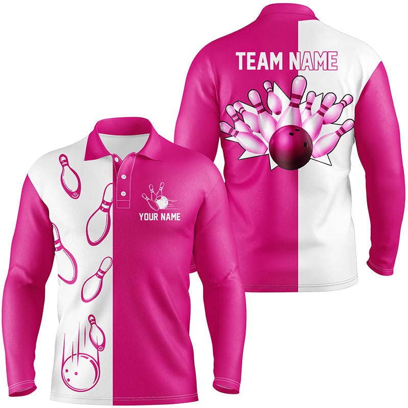 Rosa und weiße Retro-Vintage-Bowling-Poloshirts für Herren – Individuelle Bowling-Team-Trikots NQS6655