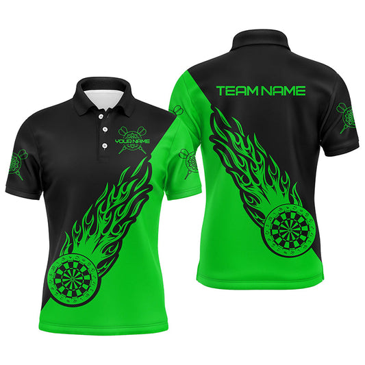 Personalisierter Grün-Schwarz Flammen Herren Dart Poloshirt – Dartshirt für Männer Darttrikots LDT1343