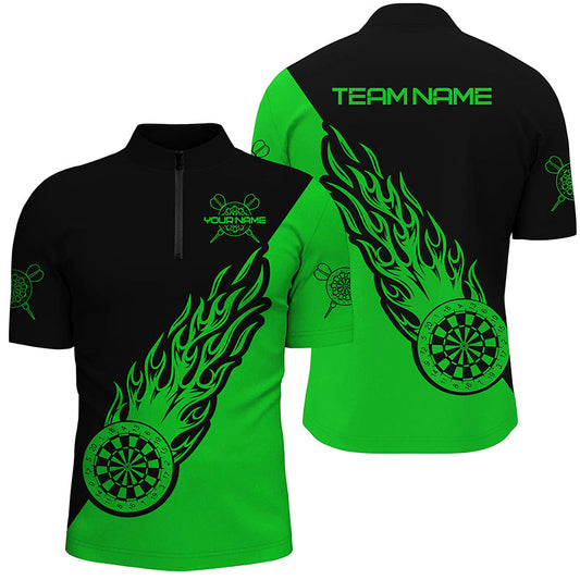 Personalisiertes Grün Schwarz Flamme Darts Quarter-Zip Shirt – Darts Shirt für Männer Dart Trikots LDT1343