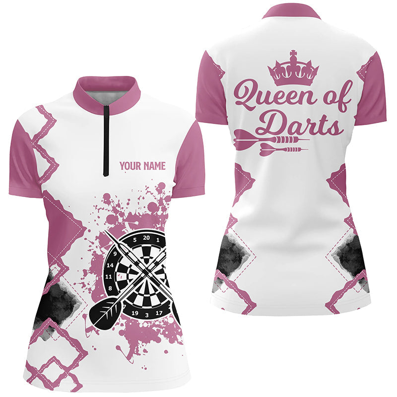 Queen Of Darts Pink Weiß Darts Quarter-Zip Shirt – Individuelles Süßes Dart Trikot für Damen LDT0366