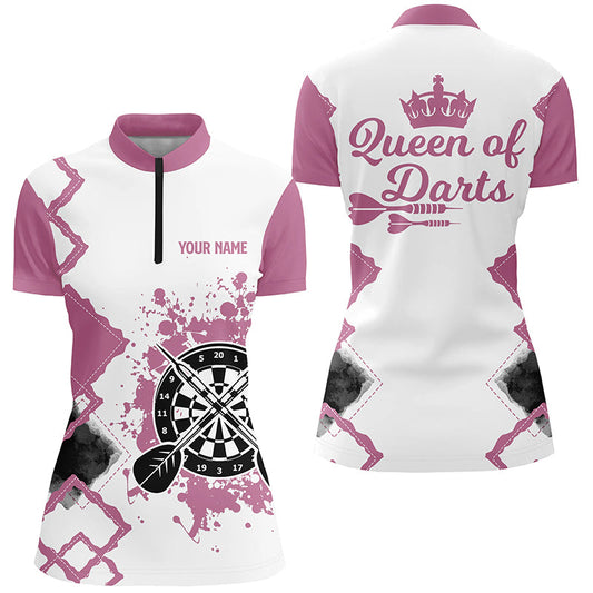 Queen Of Darts Pink Weiß Darts Quarter-Zip Shirt – Individuelles Süßes Dart Trikot für Damen LDT0366