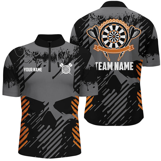 Grau Grunge Orange Skull Darts Quarter-Zip Shirt – Individuelles Dart Shirt für Männer Dart Trikot LDT0380