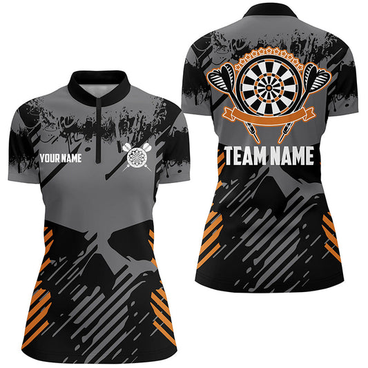 Grau Grunge Orange Skull Damen Quarter-Zip Dart Shirt – Individuelles Team Trikot LDT0380
