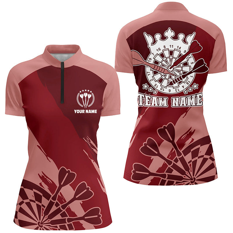 Personalisierter Rotes Darts Quarter Zip Shirt, Individuelle Coole Dart Shirts für Damen, Dart Trikot LDT0695