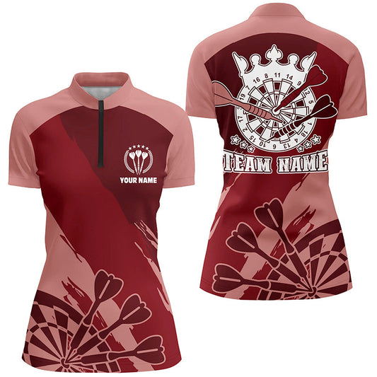 Personalisierter Rotes Darts Quarter Zip Shirt, Individuelle Coole Dart Shirts für Damen, Dart Trikot LDT0695