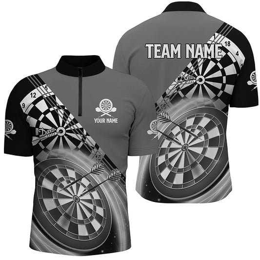 Schwarz Grau Darts Quarter-Zip Shirt Mit Namen – Individuelle Darts Shirts für Männer Dart Trikots LDT0939