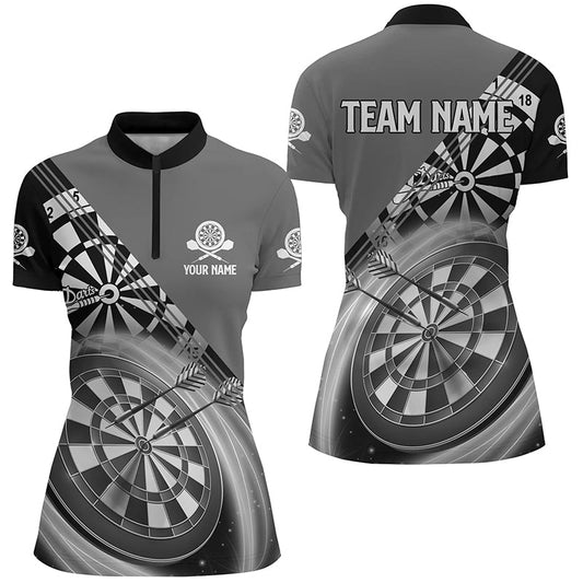 Schwarz Grau Darts Quarter-Zip Shirt mit Name – Individuelles Darts Shirt für Damen Dart Trikots LDT0939