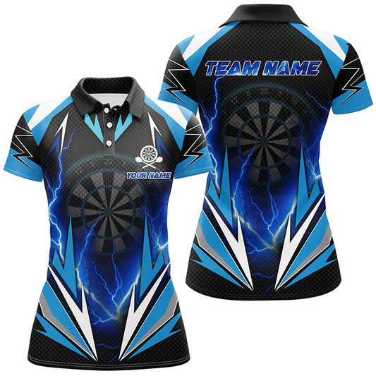 Blaues Donner Blitz Damen Darts Poloshirt – Individuelles Dart Shirt für Frauen Dart Trikots LDT1354