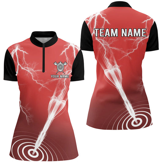 Thunder Lightning Rot Schwarz Individuelles Darts Quarter Zip Shirt, Individuelles Damen Dart Trikot LDT0735