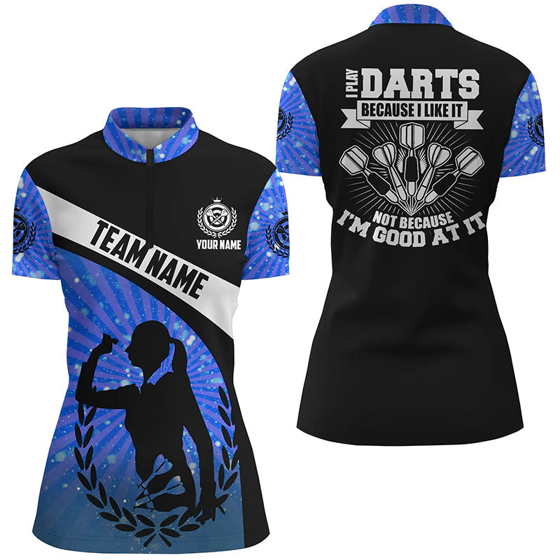Ich spiele Darts, weil ich es mag – Blau Halo Darts Quarter-Zip Shirt – Dart Trikots für Damen LDT0970