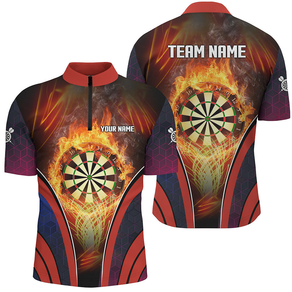 Orange Fire Flame Sports Darts Quarter Zip Shirt, Individuelles Herren Dart Shirt, Dart Trikots LDT1445