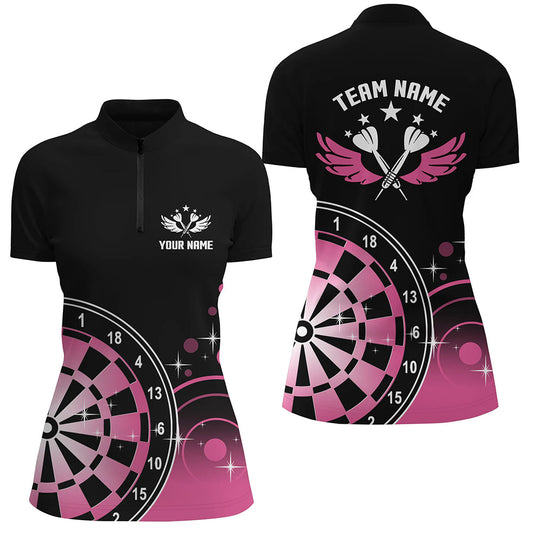 Individuelles Darts Wings Schwarz & Pink Quarter-Zip Shirt – Süßes Damen Darts Shirt Dart Trikot LDT0510