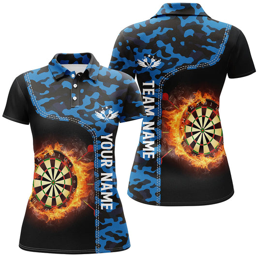 Blaue Tarnung Flamme Dartscheibe Damen Poloshirt – Individuelles Dart Shirt für Frauen Dart Trikots LDT1238