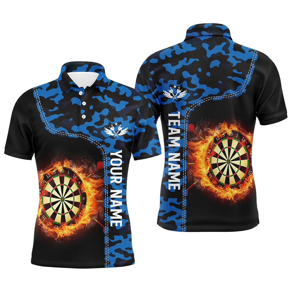 Blaue Camo-Flammen Dartboard Herren Poloshirt – Individuelles Dartshirt für Männer Darttrikots LDT1238
