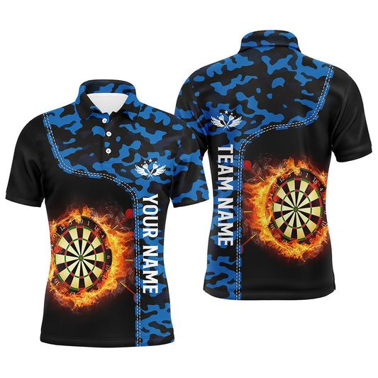 Blaue Camo-Flammen Dartboard Herren Poloshirt – Individuelles Dartshirt für Männer Darttrikots LDT1238