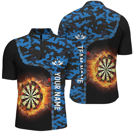 Blaue Camo Flamme Darts Board Männer Quarter-Zip Shirt – Individuelles Männer Darts Shirt Dart Trikots LDT1238