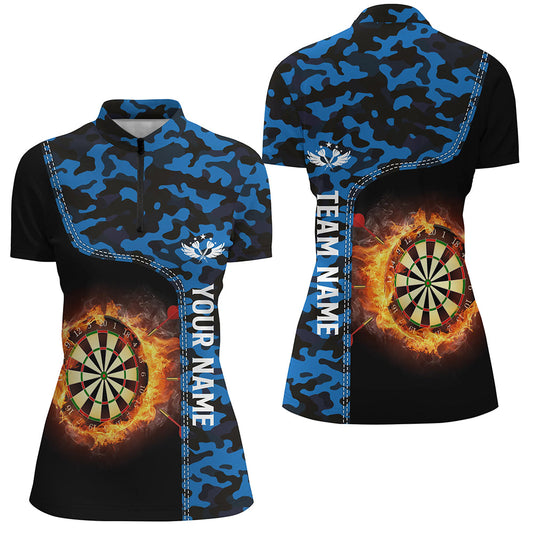 Blaues Camo Flame Dartboard Damen Quarter-Zip Shirt – Individuelles Dart Trikot LDT1238