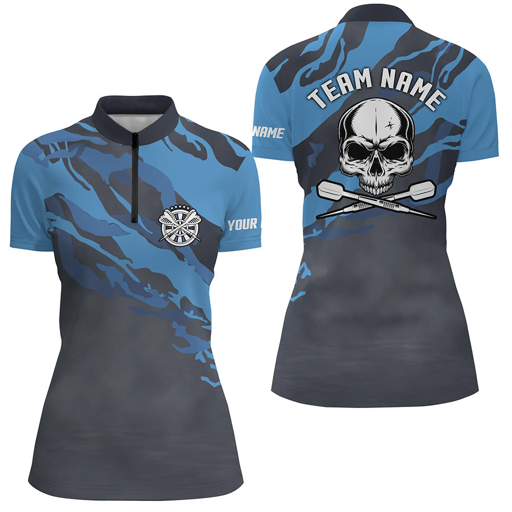 Individuelles Blau Skull Darts Quarter-Zip Shirt – Individuelles Dart Shirt für Damen Dart Trikots LDT1067