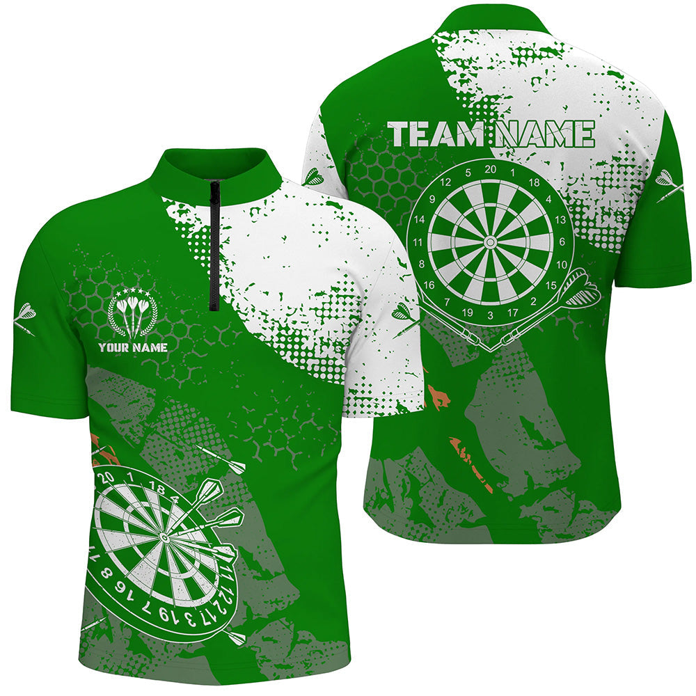 Retro Grün Weiß Muster Individuelles Männer Darts Quarter-Zip Shirt – Dart Team Trikots für Männer LDT0899