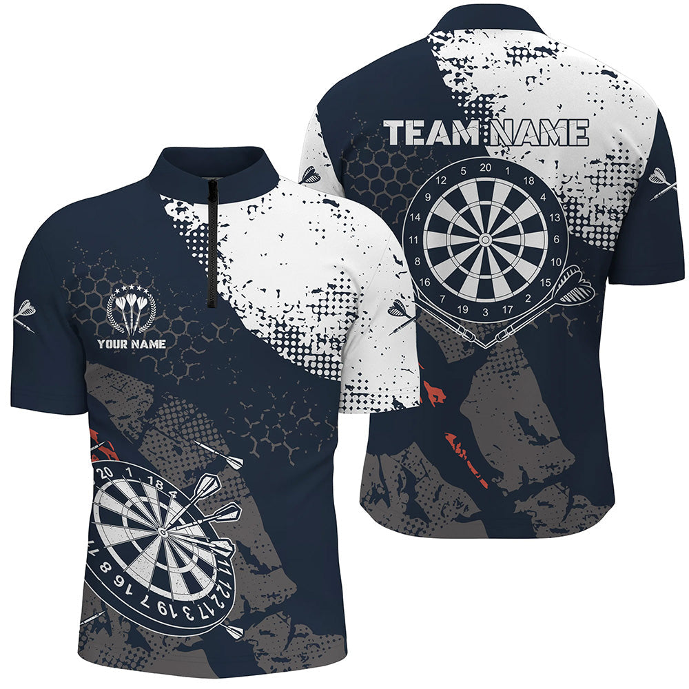 Retro Navy Weiß Muster Individuelles Männer Darts Quarter Shirt – Dart Team Trikots für Männer LDT0900