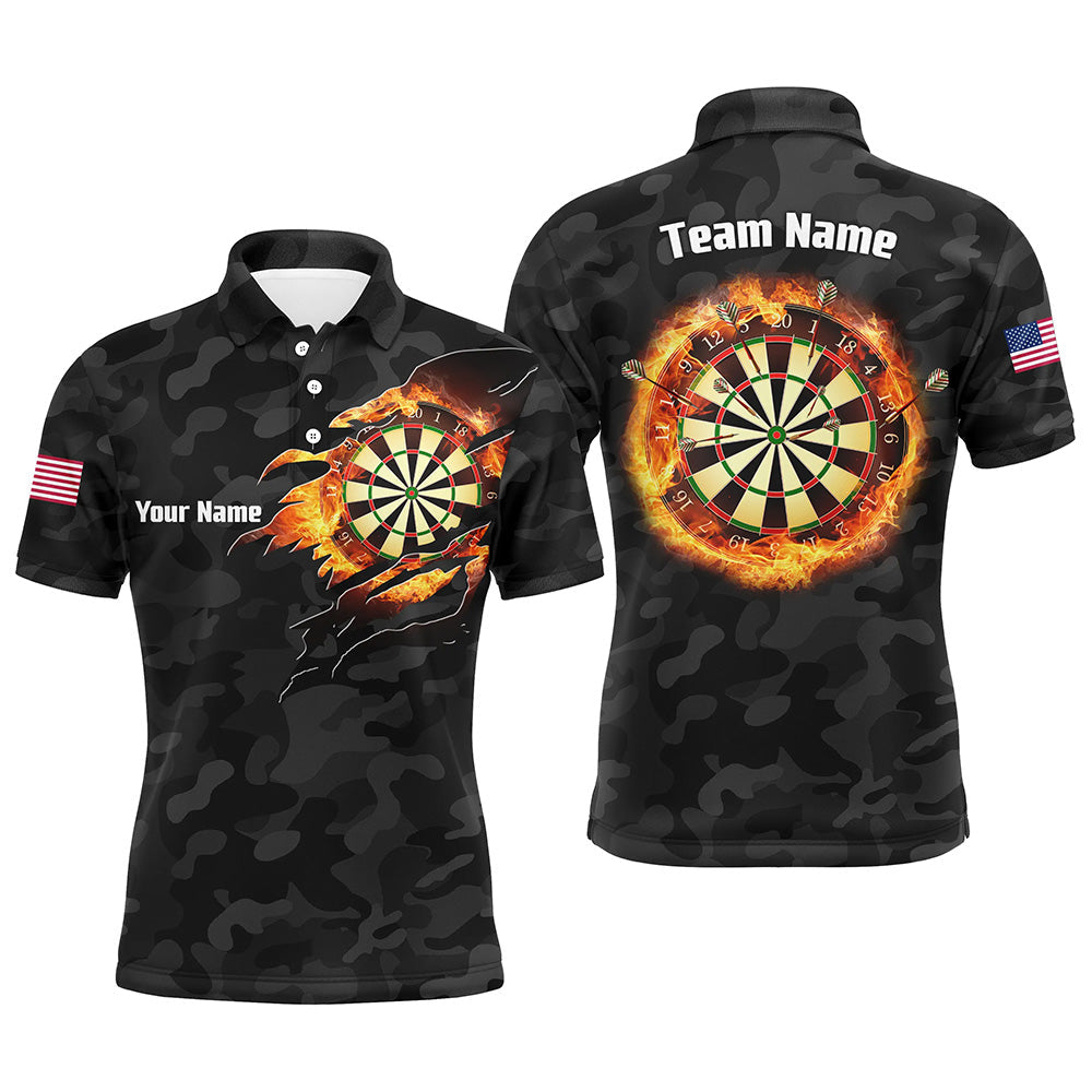 Personalisierter schwarzer Camo-Flammen-Dartboard-Poloshirt – Individuelles Darttrikot für Männer LDT0356