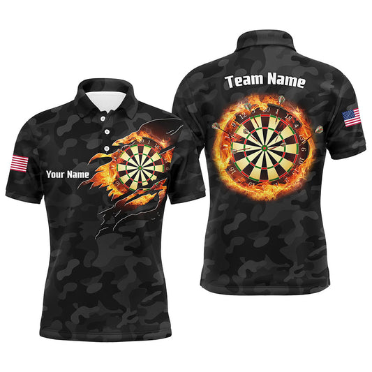 Personalisierter schwarzer Camo-Flammen-Dartboard-Poloshirt – Individuelles Darttrikot für Männer LDT0356