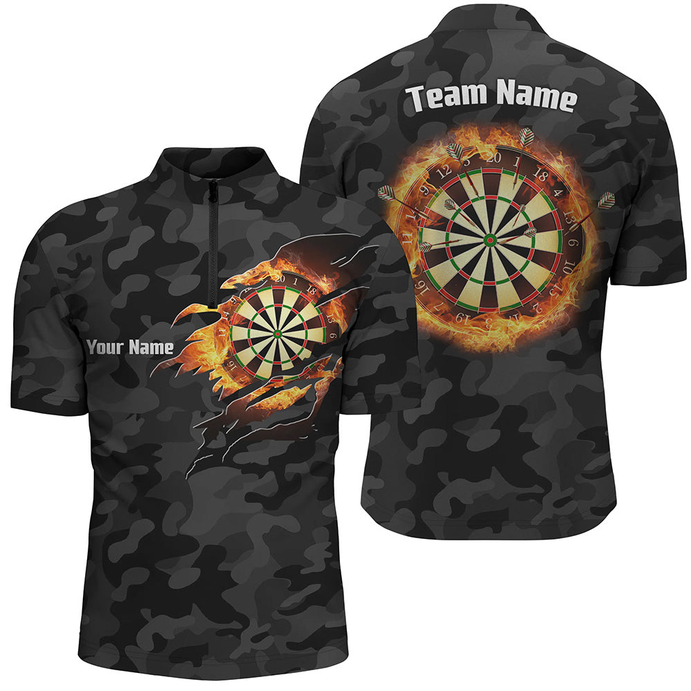 Individuelles Basic Schwarz Camo Flame Dartboard Quarter-Zip Shirt – Individuelles Dart Trikot für Männer LDT0356