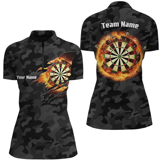 Personalisiertes Schwarz Camo Flame Dartboard Quarter-Zip Shirt – Individuelles Dart Trikot für Damen LDT0356