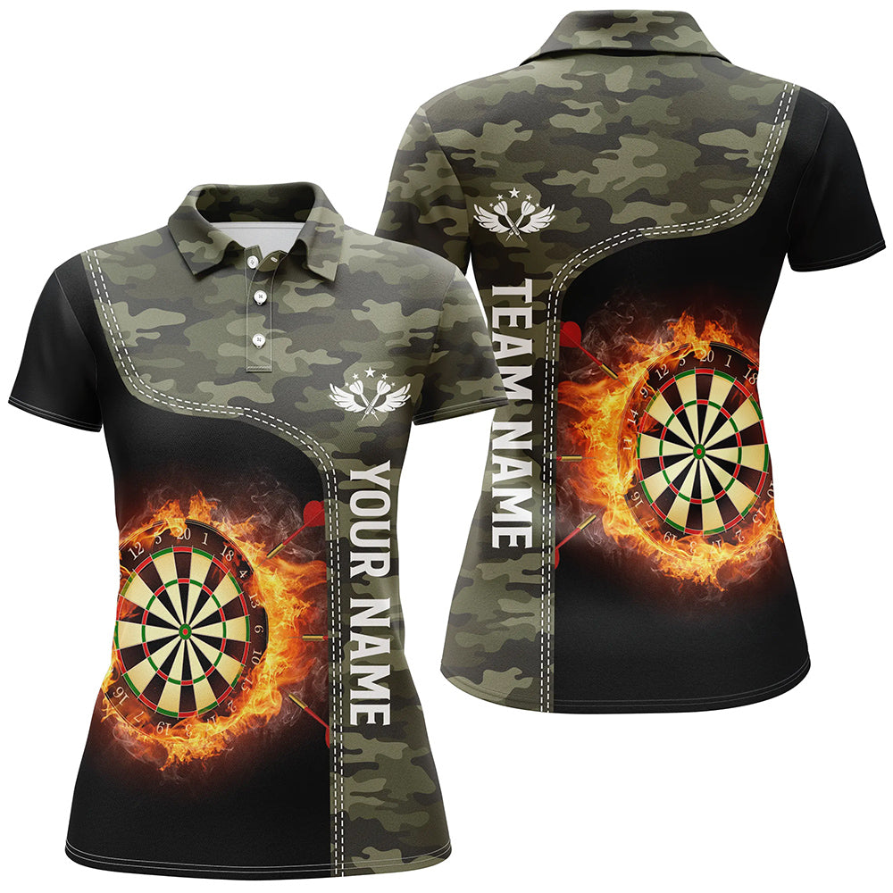 Grünes Tarnmuster Flamme Dartboard Damen Poloshirt – Individuelles Darts Shirt für Damen Dart Trikot LDT0654