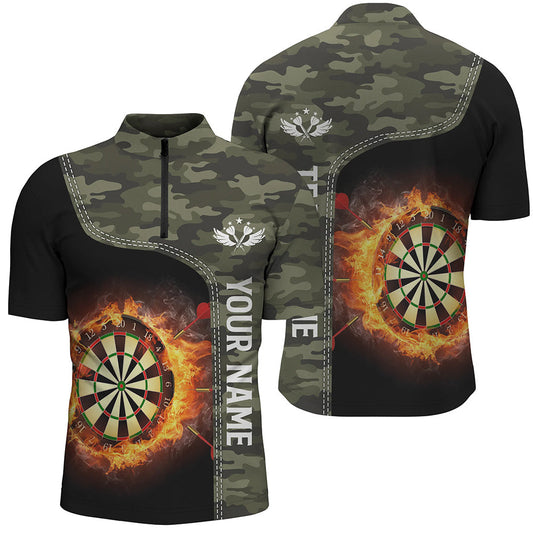Grünes Camo Flame Darts Board Männer Quarter Zip Shirt – Individuelles Männer Darts Shirt Dart Trikot LDT0654