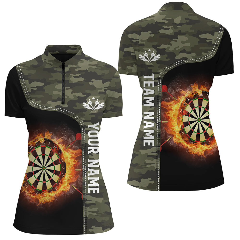 Grün Camo Flame Darts Board Quarter-Zip Shirt – Individuelles Darts Shirt für Damen Dart Trikot LDT0654