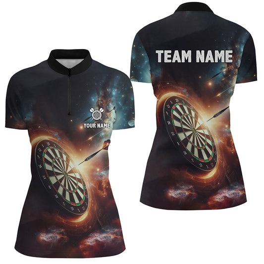 Darts In Galaxy Gedrucktes Darts Quarter-Zip Shirt, Individuelles Damen Dart Shirt, Dart Trikots LDT1357