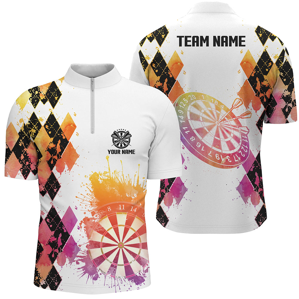 Bunter Aquarell Argyle Muster Darts Quarter-Zip Shirt – Individuelle Dart Trikots für Männer LDT1005