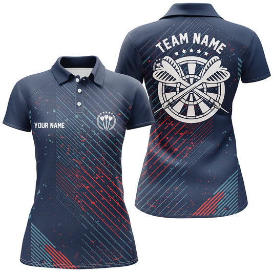 Personalisiertes Rot-Blau Geometrisches Muster Darts Poloshirt – Marine Darts Trikot für Damen LDT0484