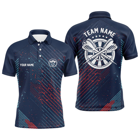 Personalisierter rot-blauer geometrischer Muster Herren Dart-Poloshirt – Marineblaues Darttrikot für Männer LDT0484