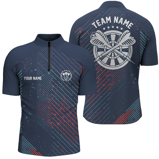 Individuelles Rot Blau Geometrisches Muster Darts Quarter-Zip Shirt – Navy Darts Trikot für Männer LDT0484