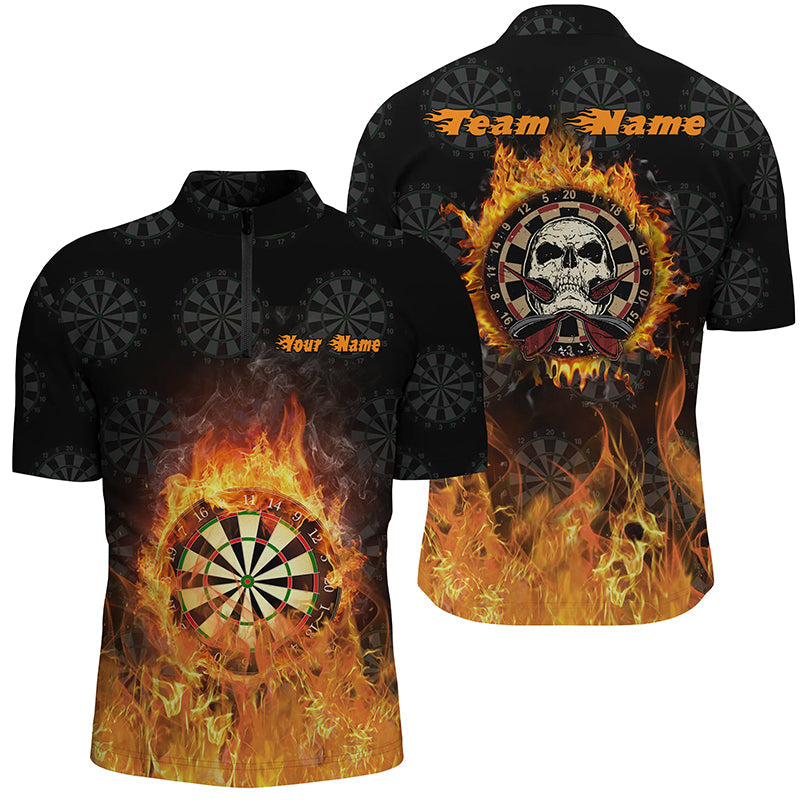 Feuerflamme Skull Darts Quarter-Zip Shirt – Individuelles Gruseliges Männer Darts Shirt Cool Dart Trikot LDT1029