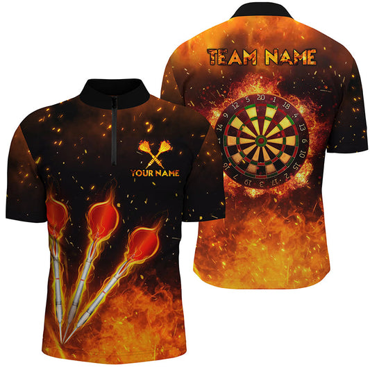 Orange Fire Flame Sports Darts Quarter Zip Shirt, Individuelles Herren Dart Shirt, Dart Trikots LDT1440