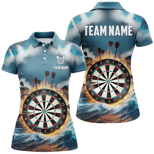 Feuer und Wasser Blau Damen Darts Poloshirt – Individuelles Dart Shirt für Frauen Dart Trikots LDT1431