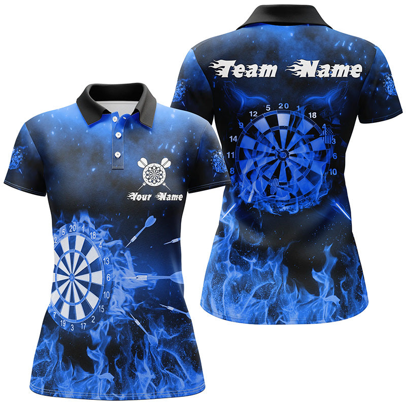 Personalisiertes Damen Darts Poloshirt Blaue Feuerflamme – Individuelle Dart Trikots für Frauen LDT1233