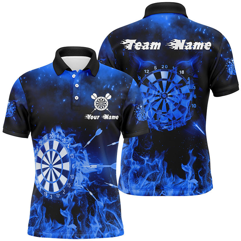 Personalisierter Herren Dart Poloshirt Blaue Feuerflammen – Individuelle Darttrikots für Männer LDT1233