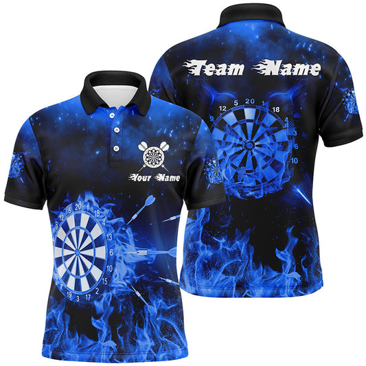 Personalisierter Herren Dart Poloshirt Blaue Feuerflammen – Individuelle Darttrikots für Männer LDT1233
