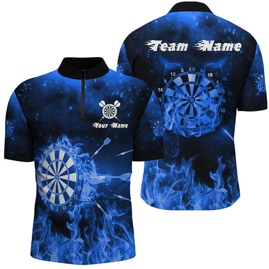 Personalisiertes Männer Darts Quarter-Zip Shirt Blau Feuerflamme – Individuelle Dart Trikots für Männer LDT1233