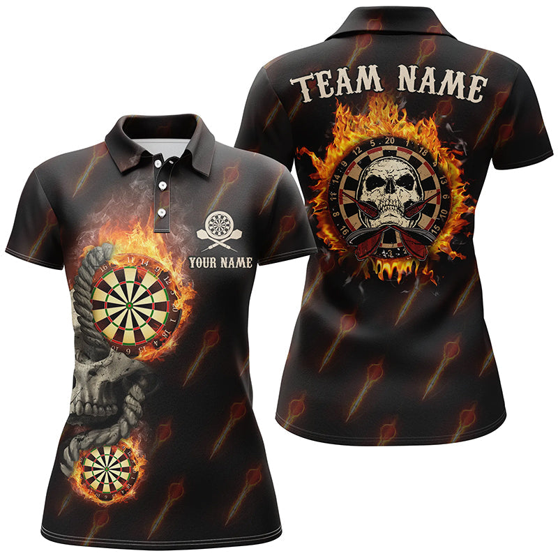 Personalisiertes Darts Flammen-Totenkopf Poloshirt – Individuelles Feuer Verrücktes Darts Trikot für Damen LDT0624