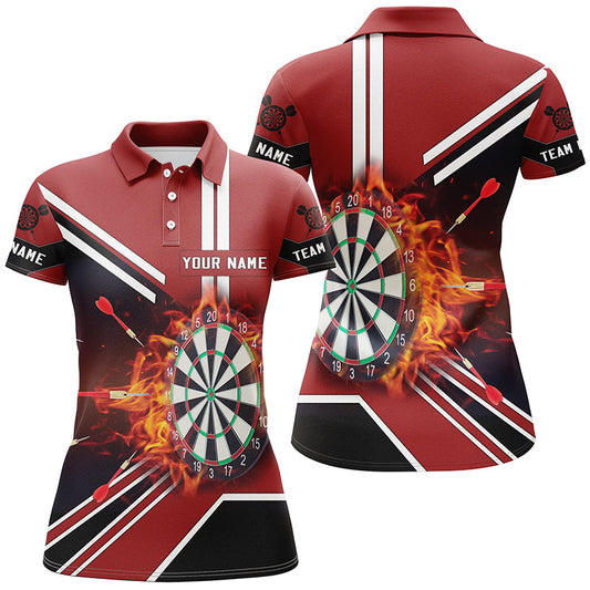 Schwarz-Rotes Flammen Dartboard Poloshirt – Individuelle Feuer Darts Shirts für Damen Dart Trikot LDT0406