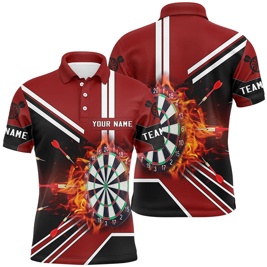 Schwarz-rotes Flammen-Dartboard Herren Poloshirt – Individuelles Feuer-Dartshirt für Männer Darttrikot LDT0406