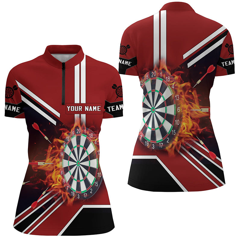 Schwarz Rot Flamme Dartboard Damen Quarter-Zip Shirt – Individuelles Dart Team Trikot LDT0406